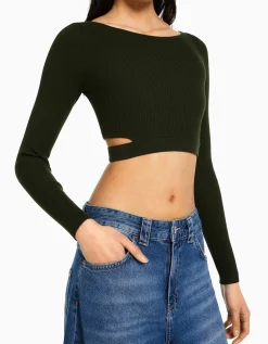 BERSHKA Jersey rib cut out Kaki Outlet