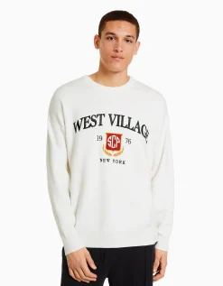 BERSHKA Jersey varsity bordado Blanco Online