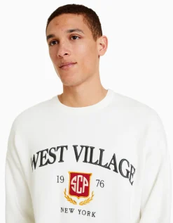 BERSHKA Jersey varsity bordado Blanco Online