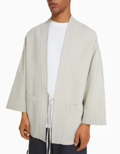 BERSHKA Kimono manga larga bolsillos Kaki Outlet