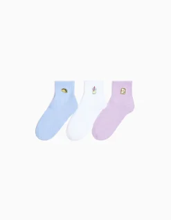 BERSHKA Pack 3 calcetines tobilleros bordado Blanco Fashion