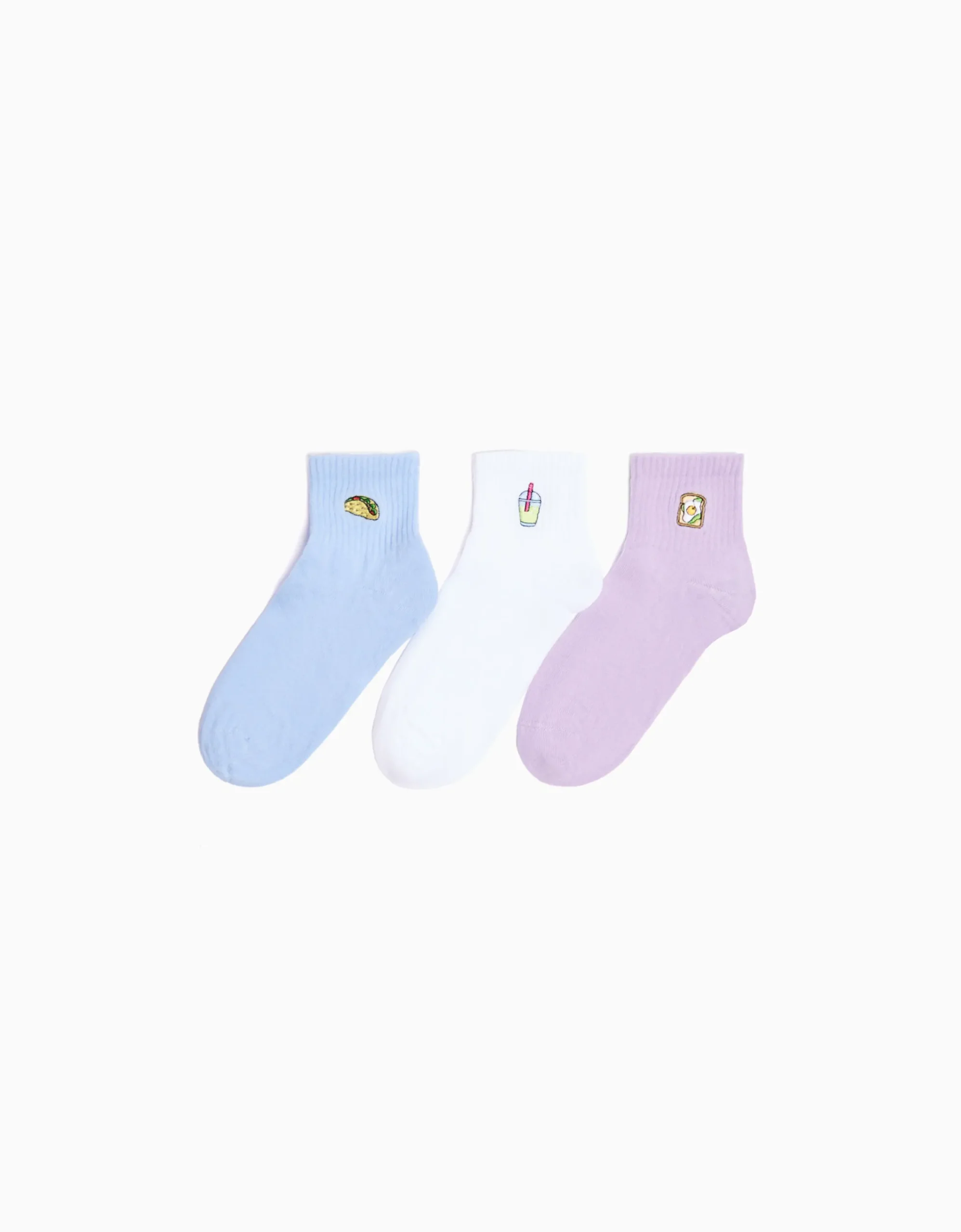 BERSHKA Pack 3 calcetines tobilleros bordado Blanco Fashion