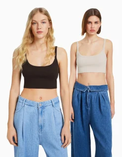 BERSHKA Pack 2 camisetas tirante ancho cropped Multicolor Shop