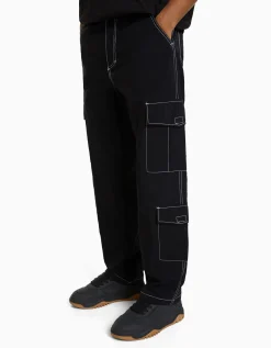 BERSHKA Pantalón cargo efecto nylon hilo contraste Negro Flash Sale
