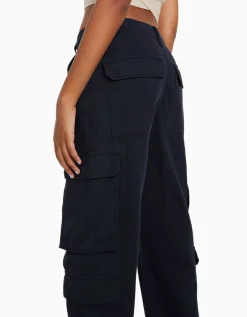 BERSHKA Pantalón cargo sarga multipocket ajustable Marino Outlet