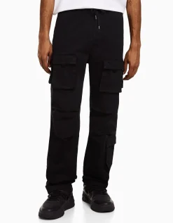 BERSHKA Pantalón jogger cargo algodón Negro Clearance