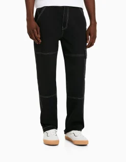 BERSHKA Pantalón wide cargo costuras contraste Azul oscuro New