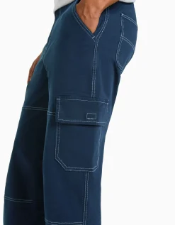 BERSHKA Pantalón wide cargo costuras contraste Azul oscuro Clearance