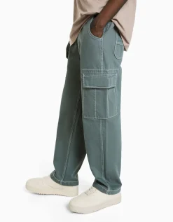 BERSHKA Pantalón wide cargo hilo contraste Azul Outlet