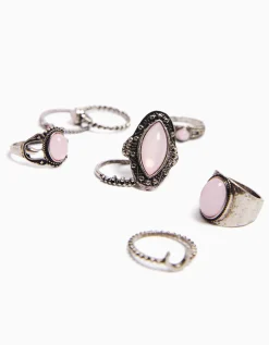 BERSHKA Set 8 anillos boho Plata Flash Sale