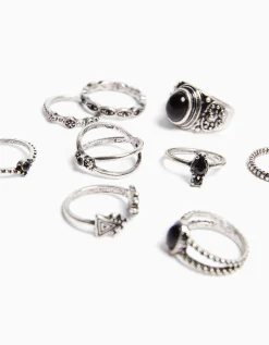 BERSHKA Set 9 anillos boho Plata Fashion