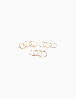 BERSHKA Set 9 anillos finos pedrería cruz esmalte Oro New