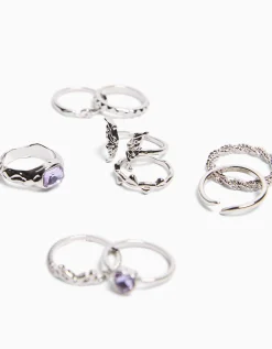 BERSHKA Set 9 anillos pedrería Plata Discount