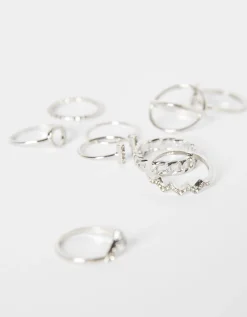 BERSHKA Set 9 anillos pedrería Plata New