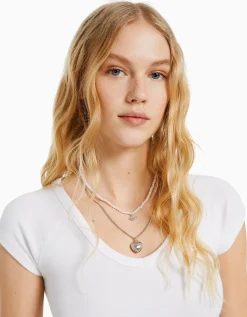 BERSHKA Set 4 collares cadena Plata New
