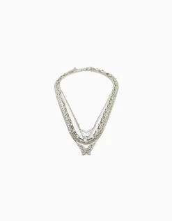 BERSHKA Set 4 collares cadenas mariposa Plata Discount