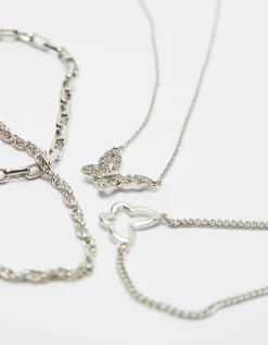 BERSHKA Set 4 collares cadenas mariposa Plata Discount