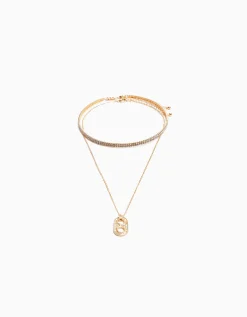 BERSHKA Set 2 collares choker y cadena charm Oro Online