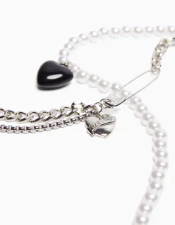 BERSHKA Set 2 collares corazón perlas Plata Fashion