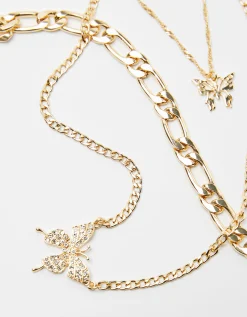 BERSHKA Set 3 collares mariposa Oro Hot