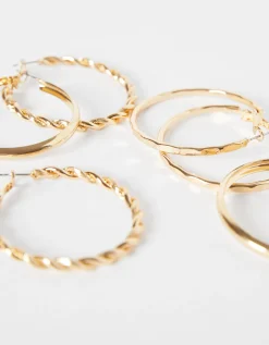 BERSHKA Set 3 pares de pendientes aros finos textura Oro Sale
