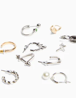 BERSHKA Set 10 pendientes aro Plata Cheap