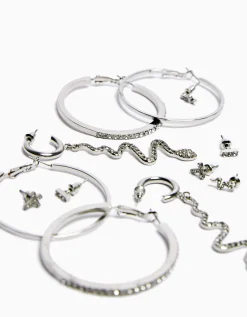 BERSHKA Set 6 pendientes aros cascada cruz Plata Clearance