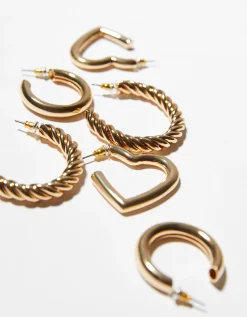 BERSHKA Set 3 pendientes aros gruesos corazón Oro Clearance