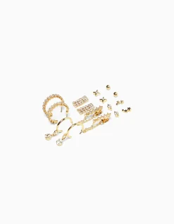 BERSHKA Set 8 pendientes aros pedrería Oro Fashion