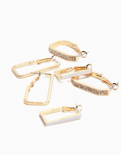 BERSHKA Set 3 pendientes aros pedrería esmalte Oro Cheap