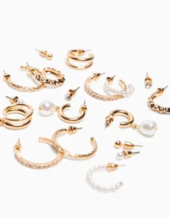 BERSHKA Set 9 pendientes aros perlas pedrería Oro Outlet