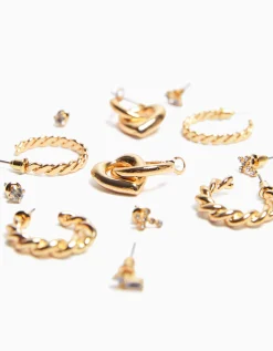 BERSHKA Set 6 pendientes aros trenzados charm corazón Oro Best