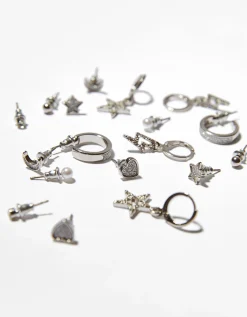 BERSHKA Set 9 pendientes brillo estrella corazón Plata Fashion