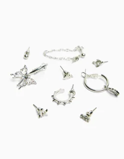 BERSHKA Set 9 pendientes ear cuff edgy Plata Flash Sale