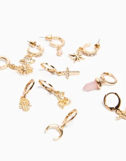 BERSHKA Set 10 pendientes ear cuff cruz Oro Clearance