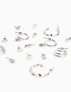 BERSHKA Set 9 pendientes minimal Plata Cheap