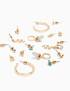 BERSHKA Set 9 pendientes serpiente Oro New