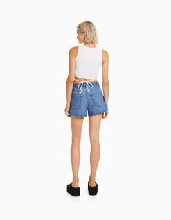 BERSHKA Short denim mom Azul Best Sale