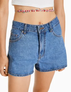 BERSHKA Short denim mom Azul Best Sale