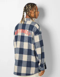 BERSHKA Sobrecamisa franela cuadros Gris Fashion