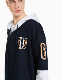 BERSHKA Sobrecamisa manga larga capucha felpa varsity Marino Best