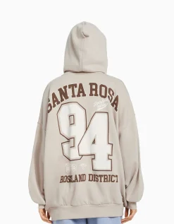 BERSHKA Sudadera capucha cremallera print varsity Marino Sale