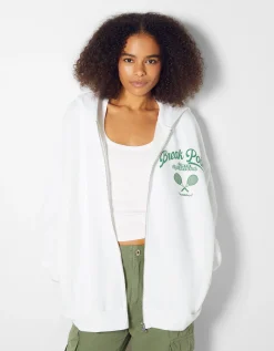 BERSHKA Sudadera capucha cremallera print varsity Marino Cheap