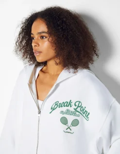 BERSHKA Sudadera capucha cremallera print varsity Marino Cheap