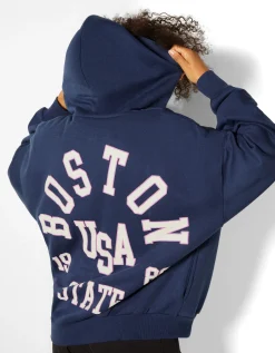 BERSHKA Sudadera capucha cremallera print varsity Marino Shop