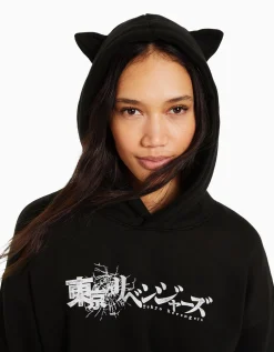 BERSHKA Sudadera capucha orejitas TOKYO REVENGERS Negro Clearance