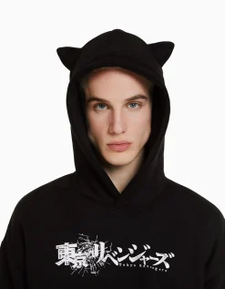 BERSHKA Sudadera capucha orejitas TOKYO REVENGERS Negro Discount
