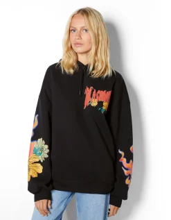 BERSHKA Sudadera capucha print Negro Fashion
