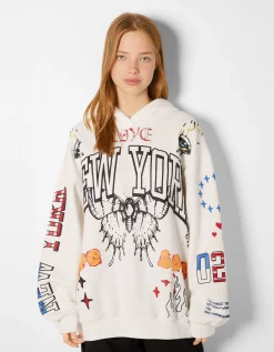 BERSHKA Sudadera capucha print Azul oscuro New