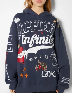 BERSHKA Sudadera capucha print Azul oscuro Online